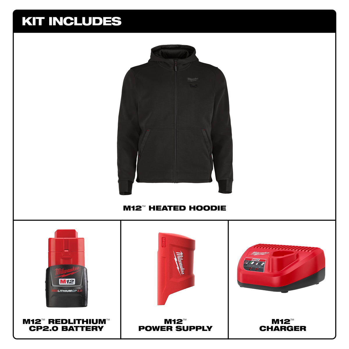 Milwaukee M200B-212X M12™ Heated Full-Zip Hoodie (Black, Size 2XL) - Edmondson Supply