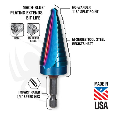 SPYDER 19071 1/4 to 1" Hex Shank 13 Step Drill Bit Stinger™ Mach-Blue™ - Edmondson Supply