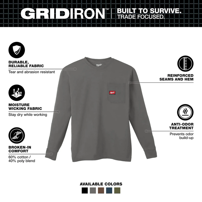 Milwaukee 606G-2X GRIDIRON™ Pocket T-Shirt - Long Sleeve (Gray, Size 2X) - Edmondson Supply