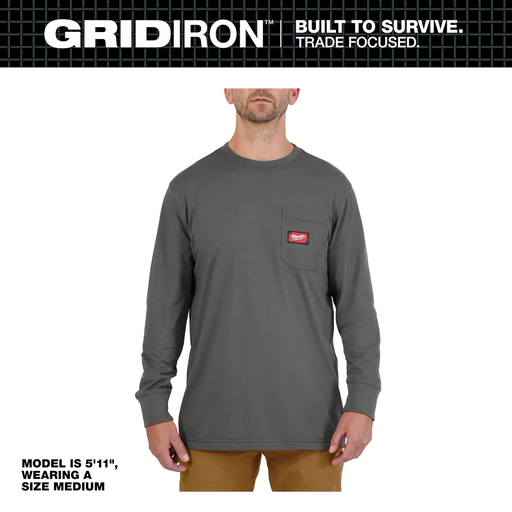 Milwaukee 606G-2X GRIDIRON™ Pocket T-Shirt - Long Sleeve (Gray, Size 2X) - Edmondson Supply