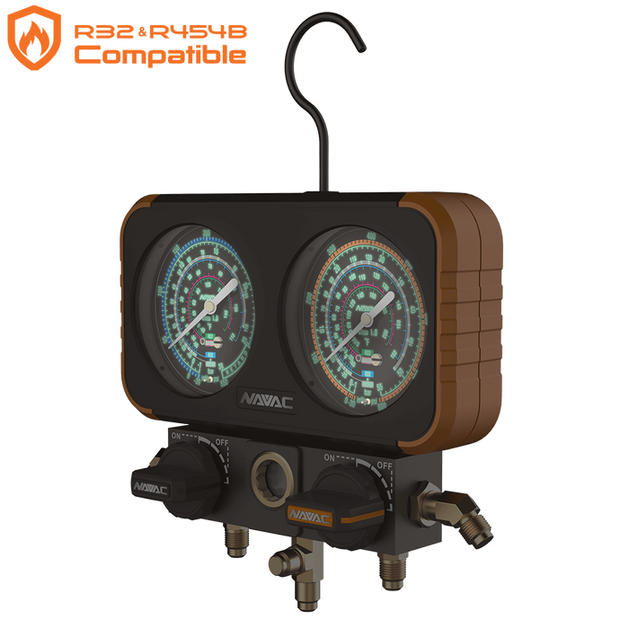 NAVAC N2A4B Manifold Gauge, Ø3-1/8", R-454B, R-32, R-410A, R-22, No hoses - Edmondson Supply