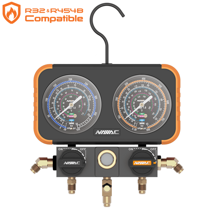 NAVAC N2A4B Manifold Gauge, Ø3-1/8", R-454B, R-32, R-410A, R-22, No hoses - Edmondson Supply