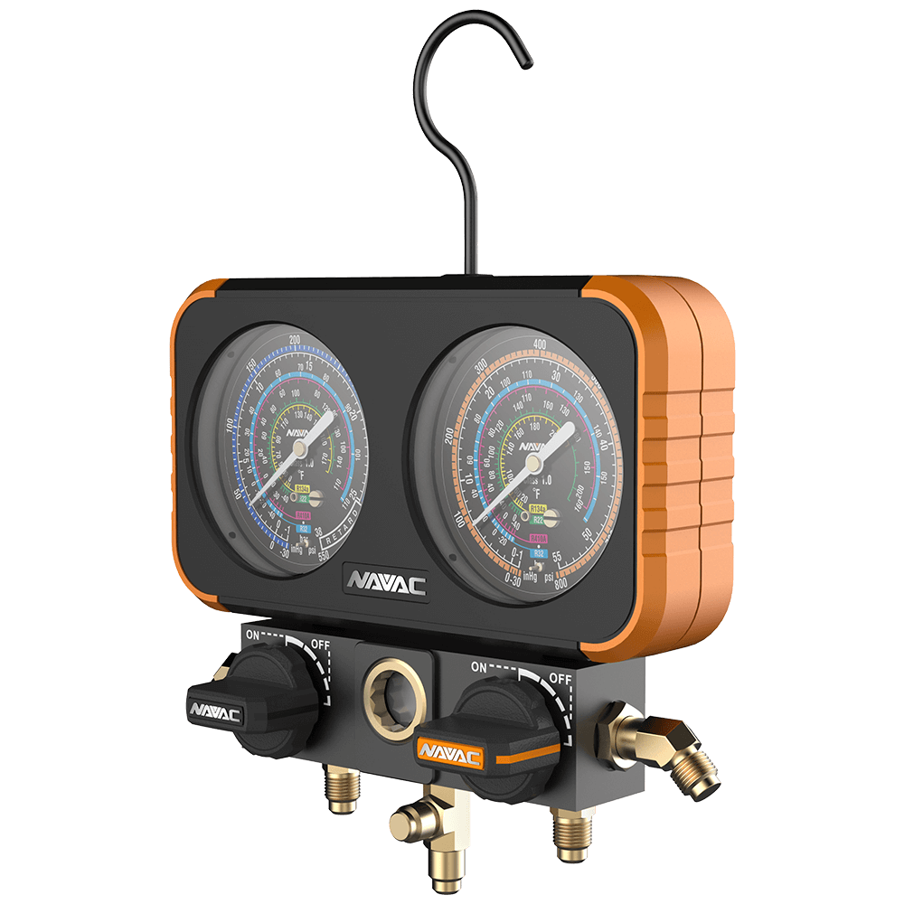 NAVAC N2A4B Manifold Gauge, Ø3-1/8", R-454B, R-32, R-410A, R-22, No hoses - Edmondson Supply