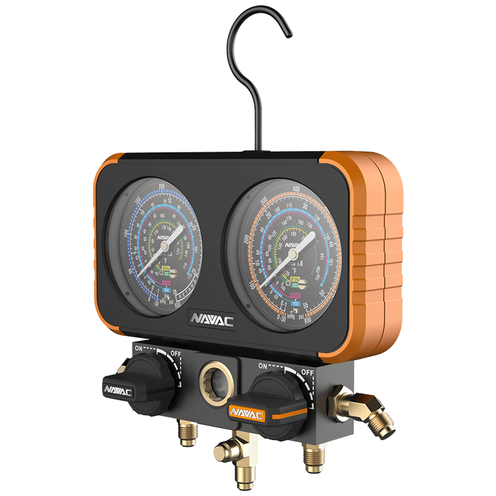 NAVAC N2A4B Manifold Gauge, Ø3-1/8", R-454B, R-32, R-410A, R-22, No hoses - Edmondson Supply