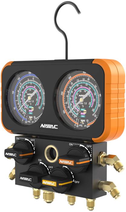 NAVAC N4A4B 4-Valve Manifold Gauge, φ3-1/8, R-454B, R-32, R-410A, R-22 - Edmondson Supply