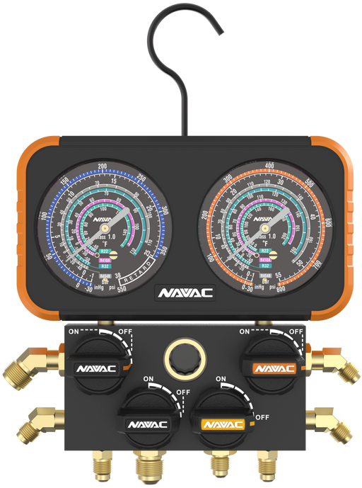 NAVAC N4A4B 4-Valve Manifold Gauge, φ3-1/8, R-454B, R-32, R-410A, R-22 - Edmondson Supply