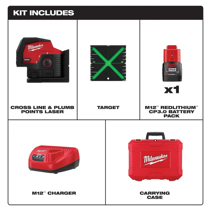 Milwaukee 3622-21 M12™ Green Cross Line & Plumb Points Laser Kit - Edmondson Supply