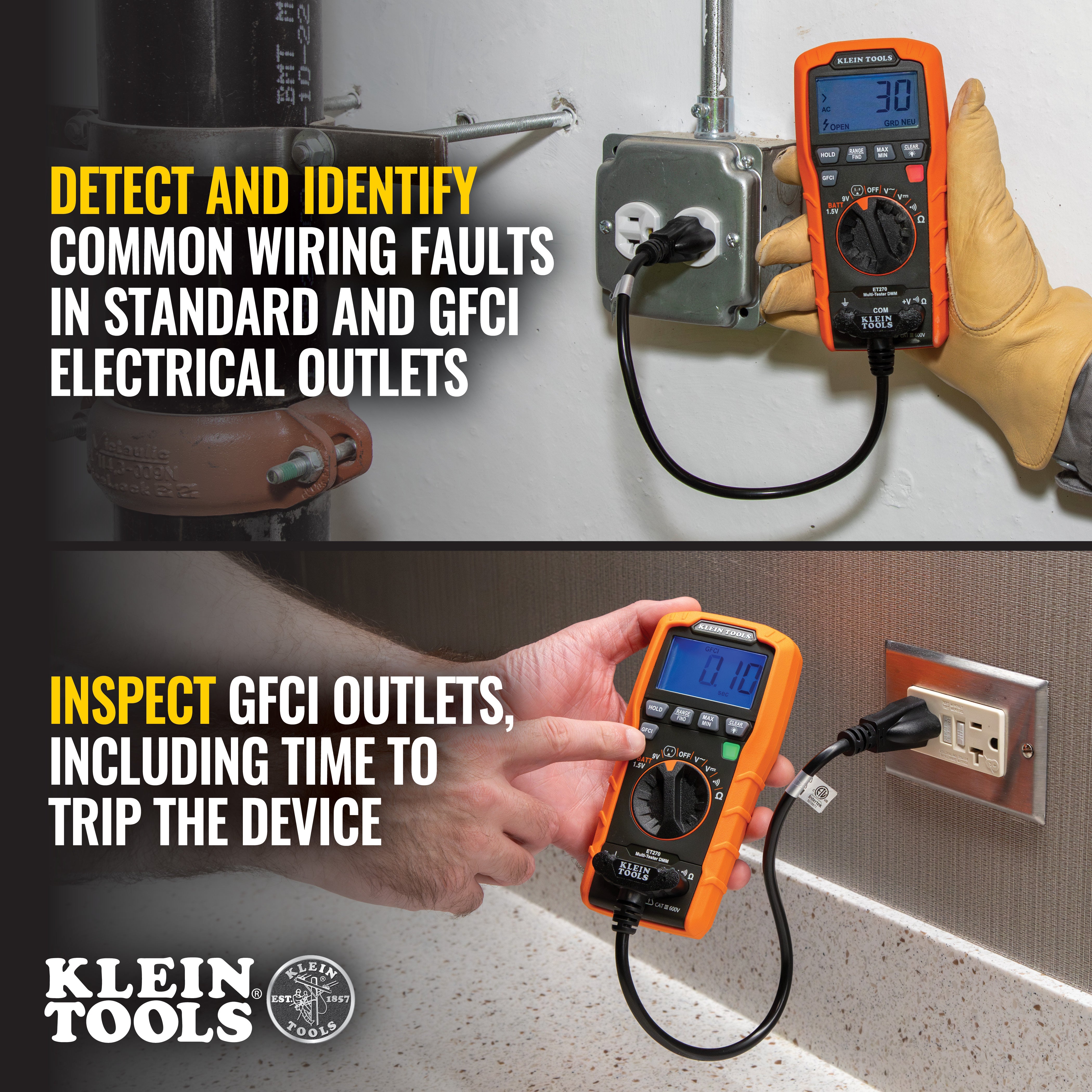 Klein Tools ET270 Digital Multi-Tester, Multimeter with Receptacle Tester - Edmondson Supply