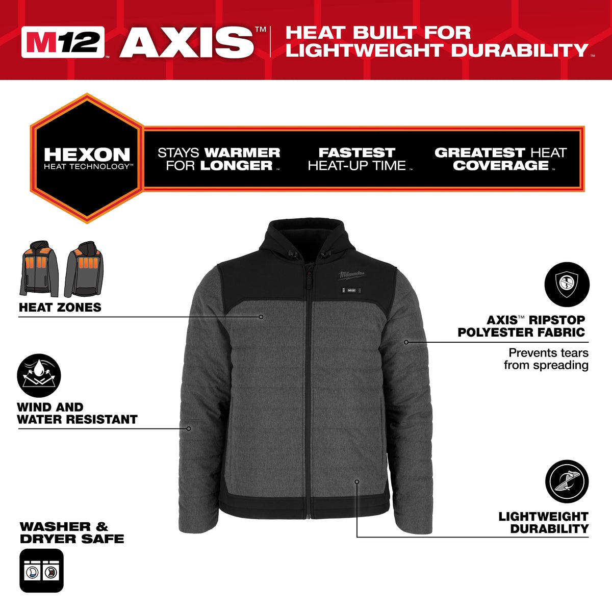Milwaukee M102G-21XL M12™ Heated AXIS™ Quilted Jacket (Gray, Size XL) - Edmondson Supply