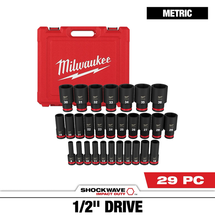 Milwaukee 49-66-7015 29PC SHOCKWAVE™ Impact Duty 1/2" Drive Metric Deep 6 Point Socket Set - Edmondson Supply