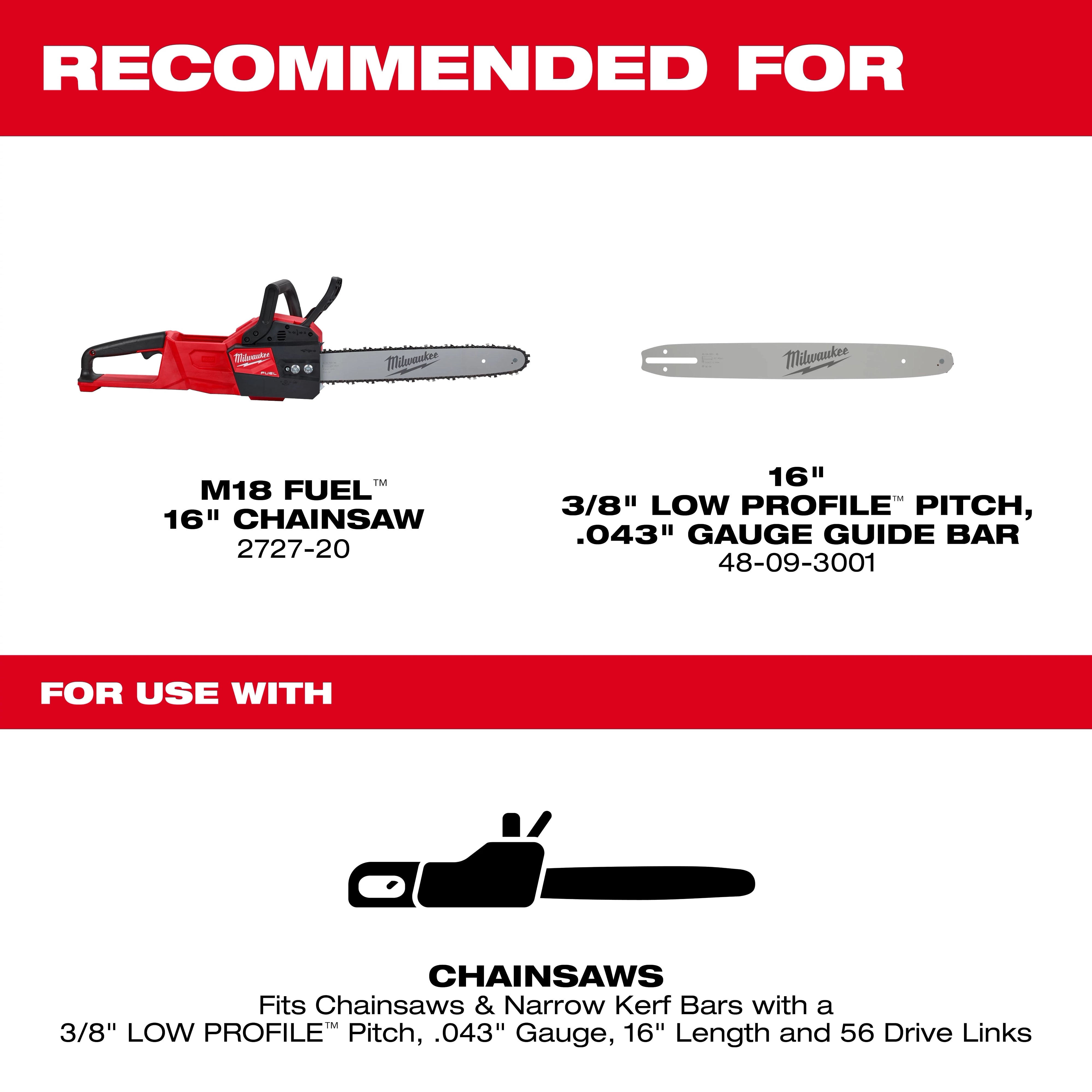 Milwaukee 49-16-2715 16" 3/8" LOW PROFILE™ Pitch, .043" Gauge Saw Chain - Edmondson Supply