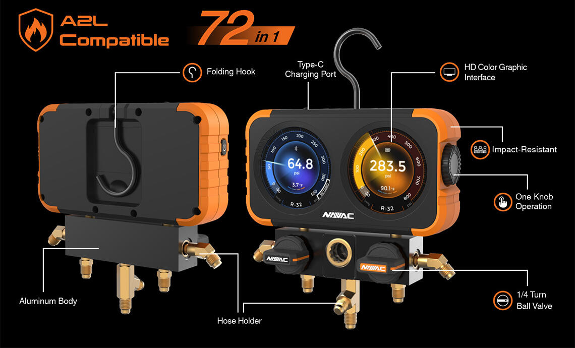 NAVAC N2DX Flex-X Manifold Gauge w/ HD Color Digital Graphic Interface, A2L, 72 Refrigerants - Edmondson Supply