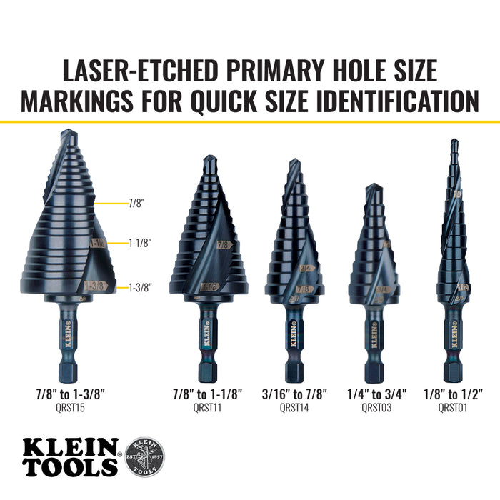 Klein Tools QRST15 Step Drill Bit, Quick Release, Double Spiral Flute, 7/8 to 1-3/8-Inch - Edmondson Supply