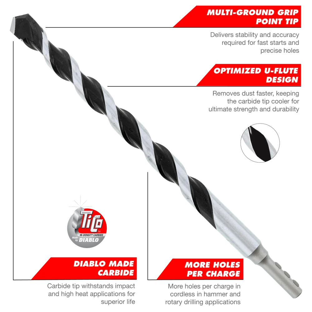 Diablo Tools DMAMM1090 3/8 in. x 4 in. x 6 in. Multi-Material Carbide Tipped Hammer Drill Bit - Edmondson Supply