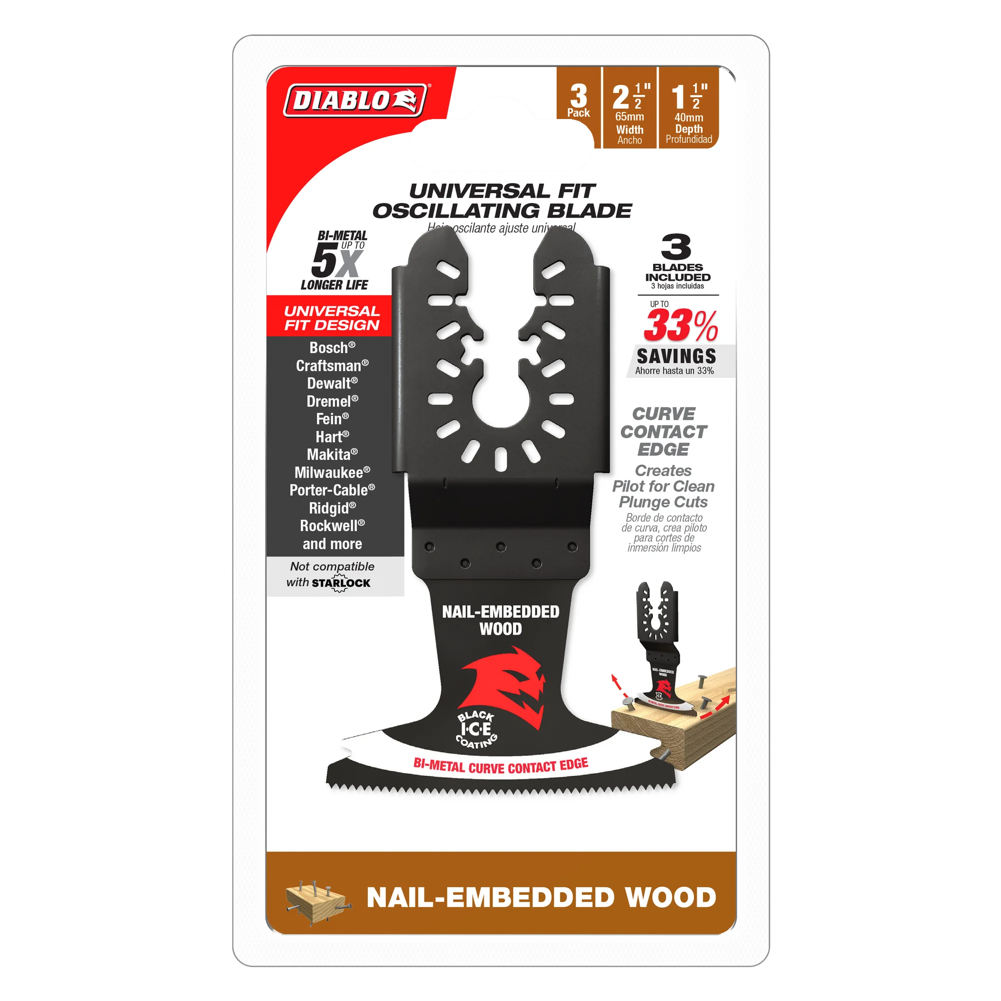 Diablo Tools DOU250BW3 2-1/2 in. Universal Fit Bi-Metal Oscillating Blades for Nail-Embedded Wood (3 pack) - Edmondson Supply
