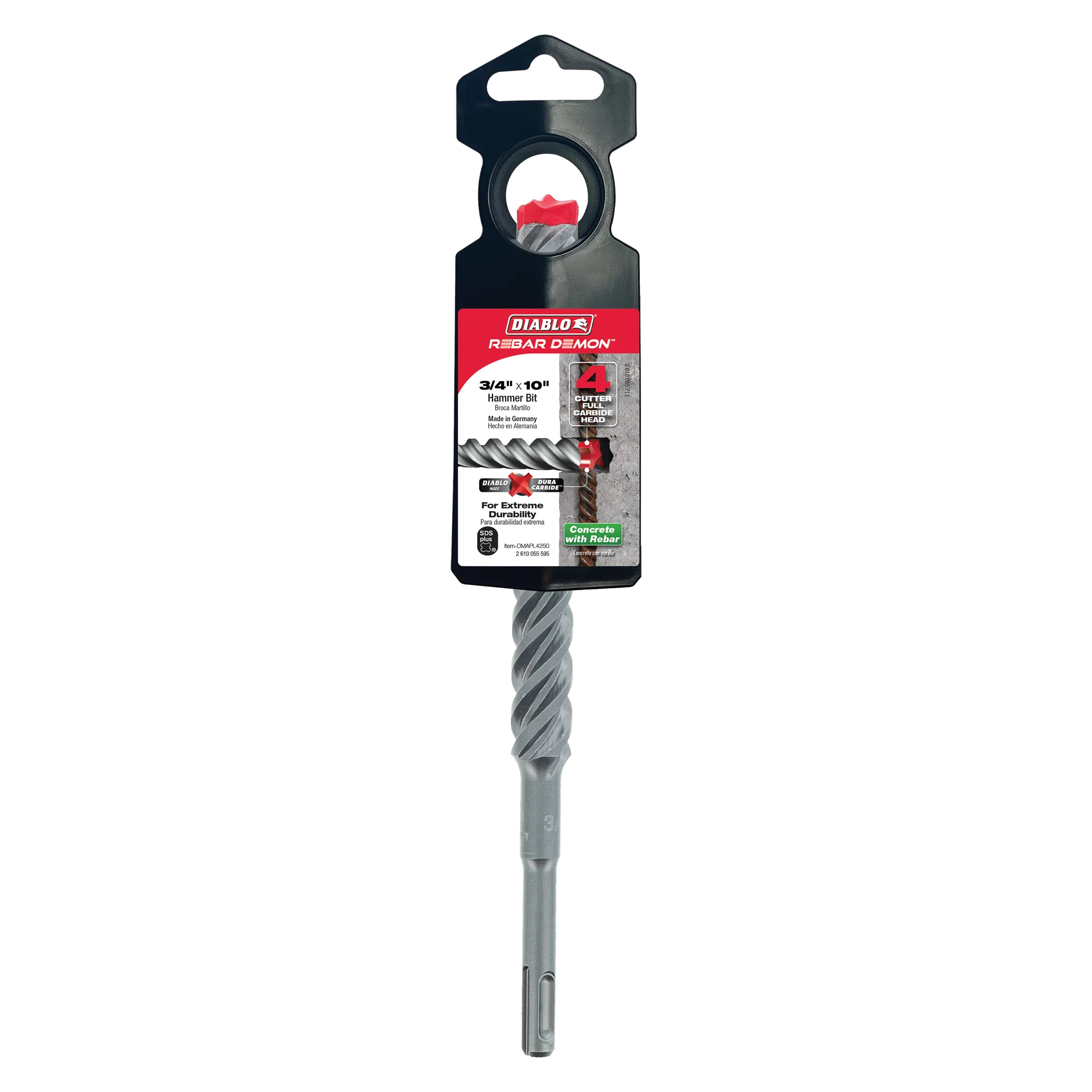 Diablo Tools DMAPL4250 3/4 in. x 8 in. x 10 in. Rebar Demon™ SDS-Plus 4-Cutter Full Carbide Head Hammer Drill Bit - Edmondson Supply