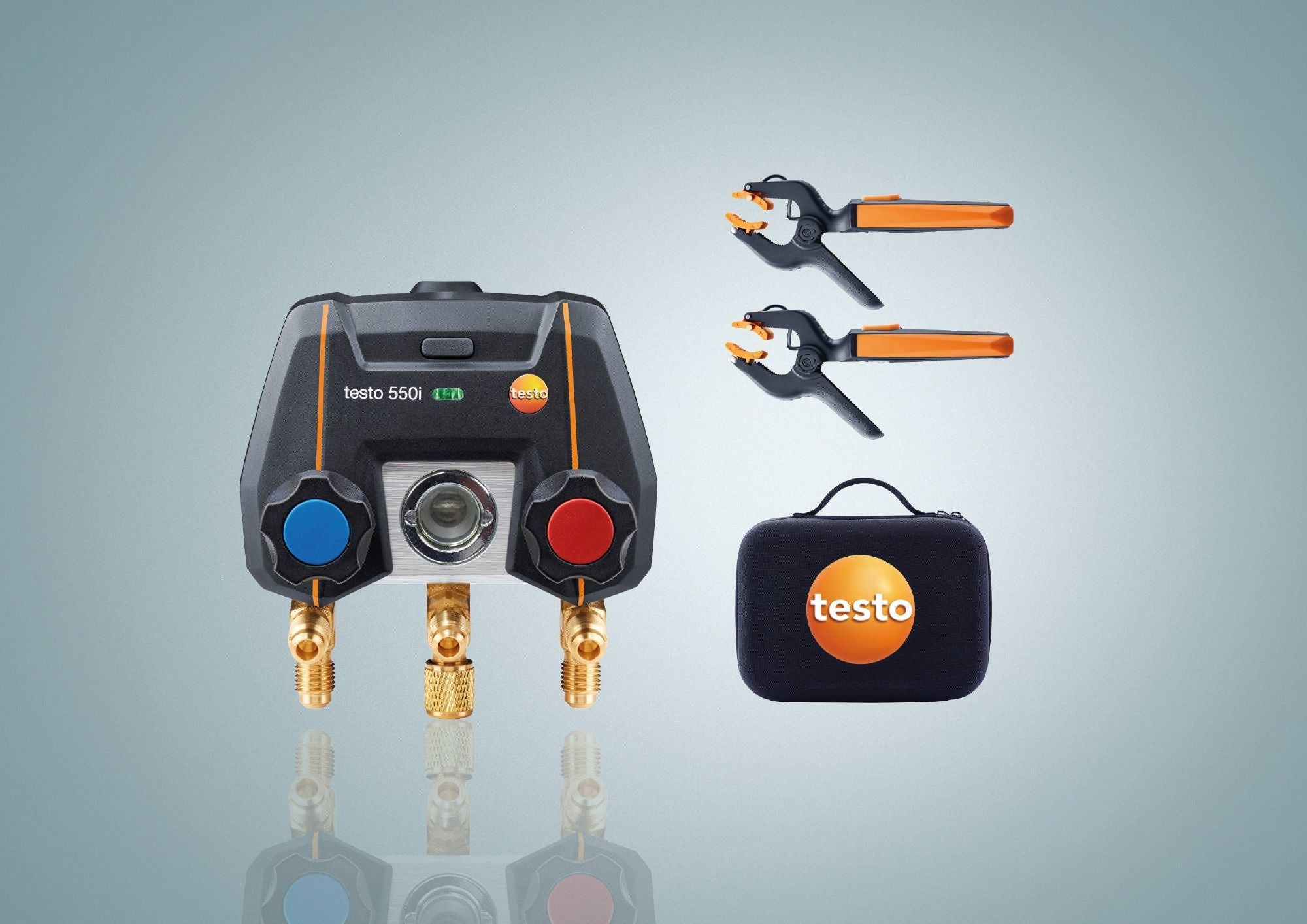 Testo 0564 3550 01 - 550i Smart Kit App-Controlled Digital Manifold w/ Wireless Clamp Temperature Probes - Edmondson Supply