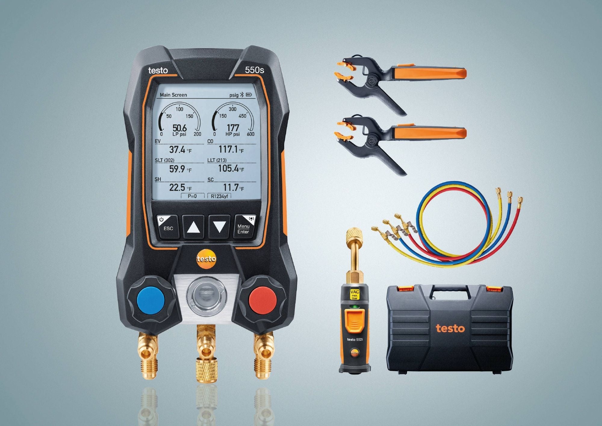 Testo 0564 5505 01 - 550s Smart Digital Manifold w/ Wireless Clamp Temperature, Vacuum Probes & 3 Hoses - Edmondson Supply