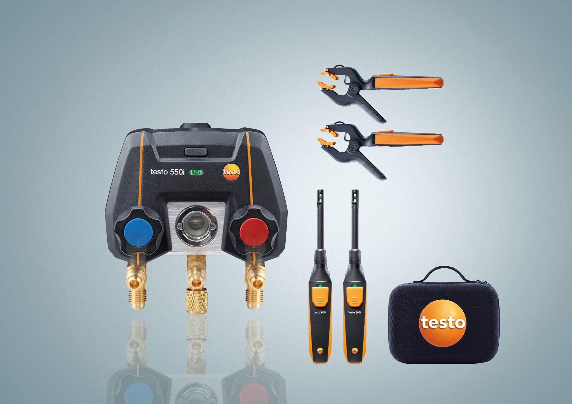 Testo 0564 5550 01 - 550i Smart Kit App-Controlled Digital Manifold w/ Wireless Clamp Temperature Probes & Thermohygrometers - Edmondson Supply
