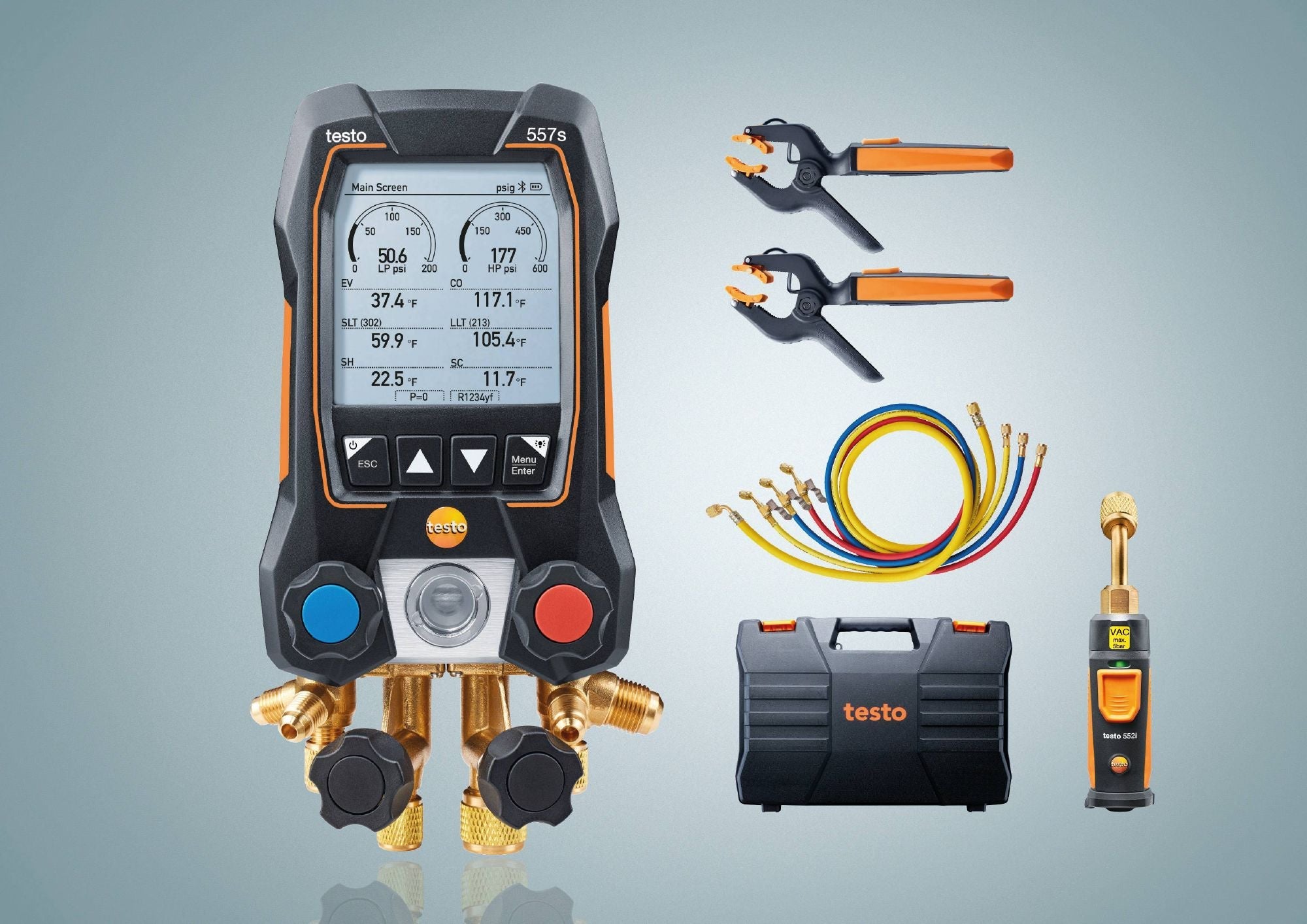 Testo 0564 5572 01 - 557s Smart Digital Manifold w/ Wireless Clamp Temperature, Vacuum Probes & 4 Hose Set - Edmondson Supply