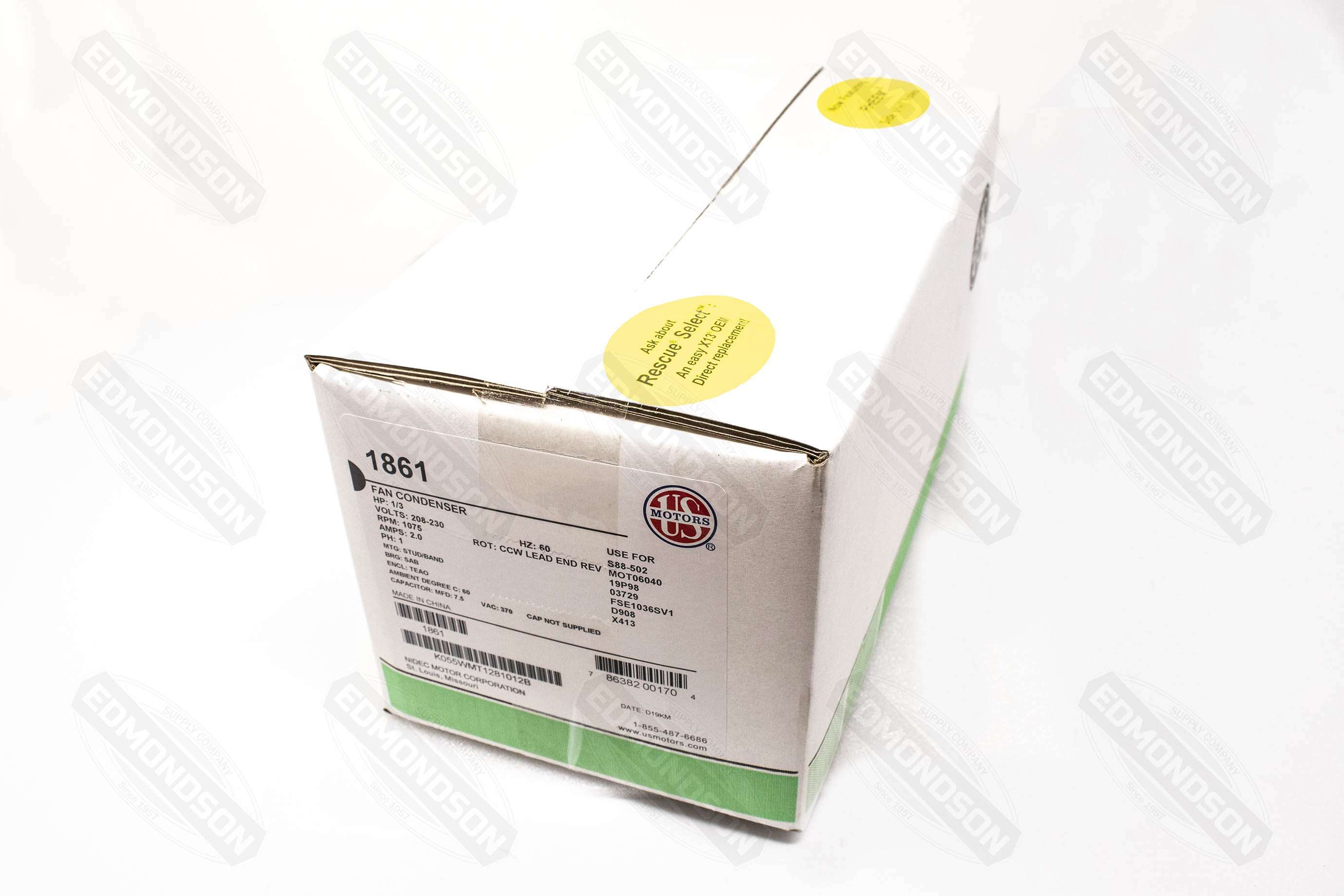 US Motors 1861 5.6" Condenser Fan Motor, 208-230V, 1/3 HP, 1075 RPM, PSC, TEAO - Edmondson Supply