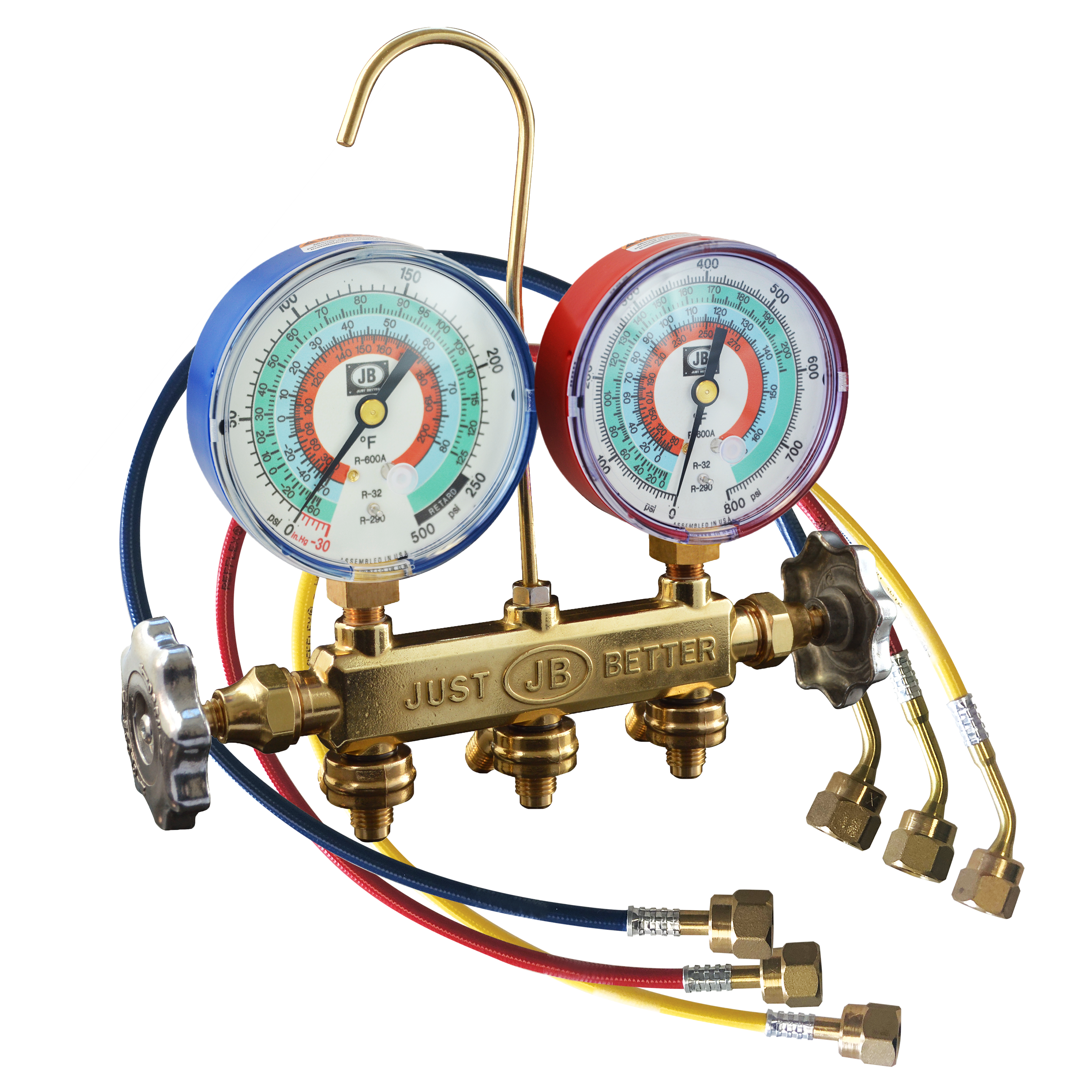 JB Industries 22733RF-18 Patriot 2-Valve Brass Manifold w/ Propane Gauges & CLRF Series Hoses - Edmondson Supply