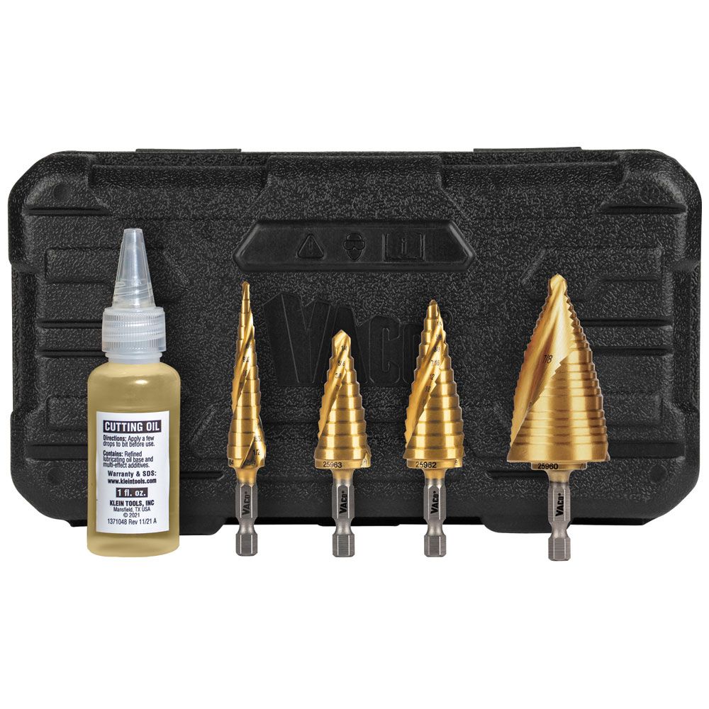 Klein Tools 25950 Step Bit Kit, Spiral Double-Fluted, VACO, 4-Piece - Edmondson Supply