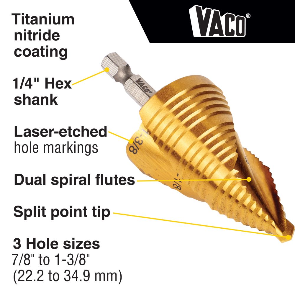 Klein Tools 25960 3-Step Drill Bit, Double-Fluted, 7/8-Inch to 1-3/8-Inch - Edmondson Supply