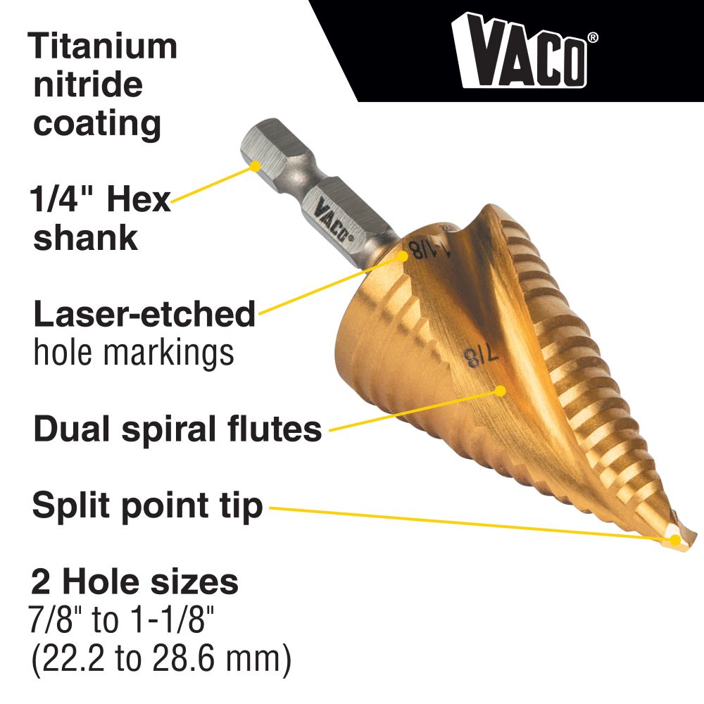 Klein Tools 25961 Step Drill Bit, Spiral Double-Fluted, 7/8-Inch to 1-1/8-Inch, VACO - Edmondson Supply