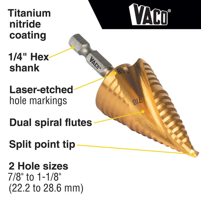 Klein Tools 25961 Step Drill Bit, Spiral Double-Fluted, 7/8-Inch to 1-1/8-Inch, VACO
