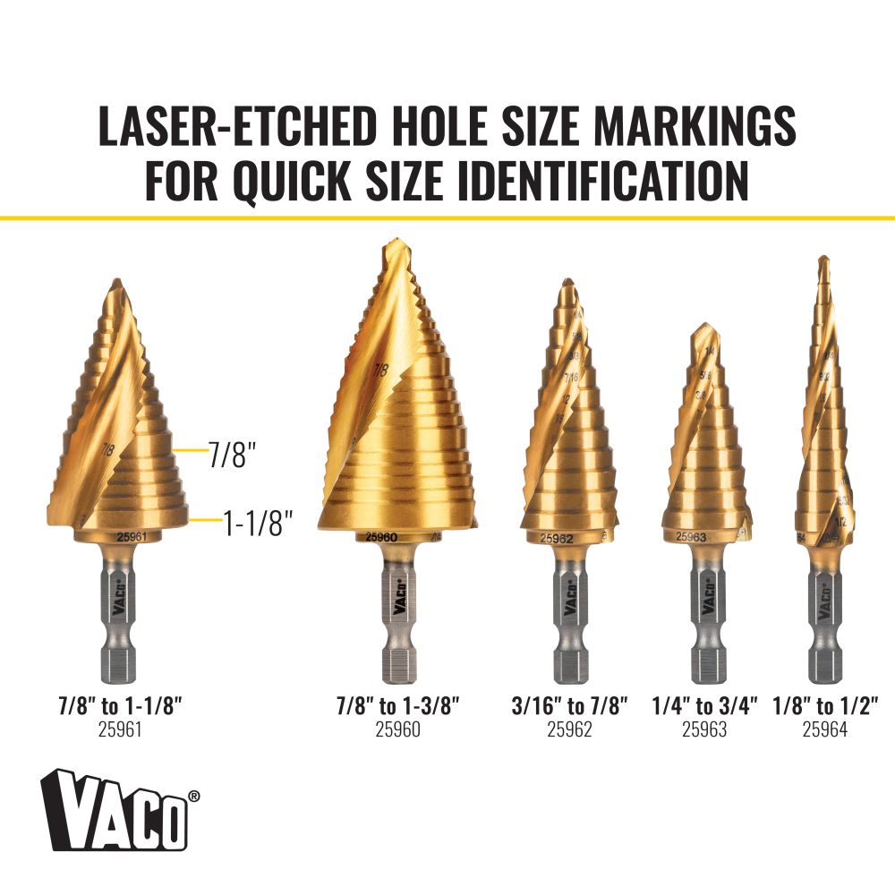Klein Tools 25961 Step Drill Bit, Spiral Double-Fluted, 7/8-Inch to 1-1/8-Inch, VACO - Edmondson Supply
