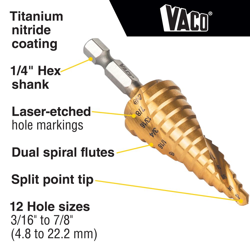 Klein Tools 25962 Step Drill Bit, Spiral Double-Fluted, 3/16-Inch to 7/8-Inch, VACO - Edmondson Supply