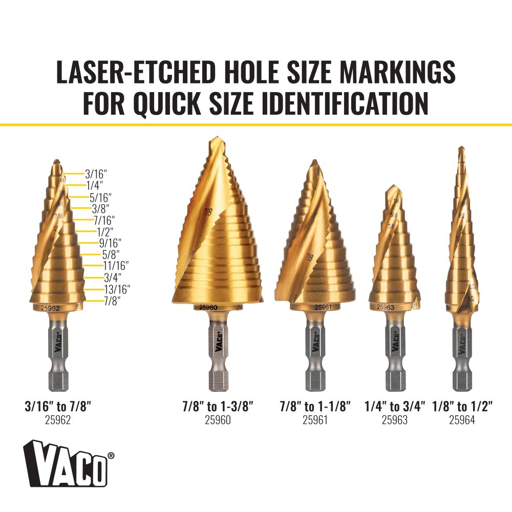 Klein Tools 25962 Step Drill Bit, Spiral Double-Fluted, 3/16-Inch to 7/8-Inch, VACO - Edmondson Supply