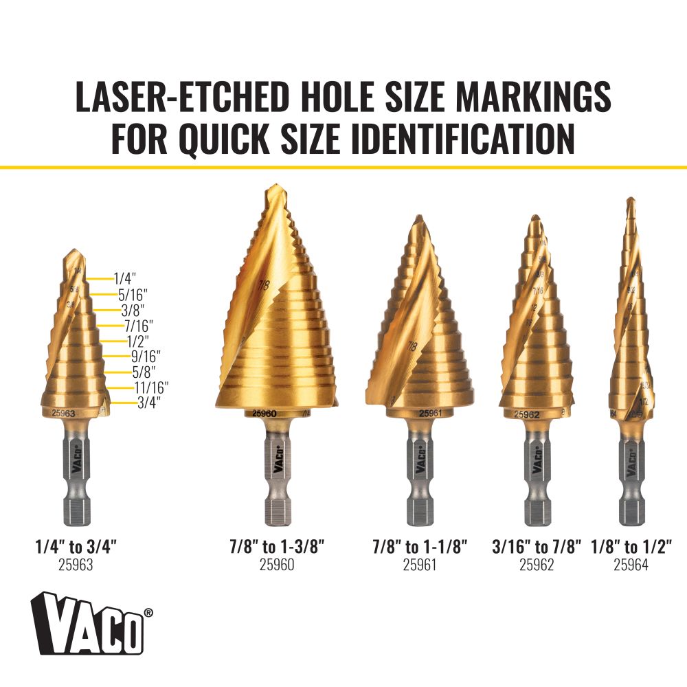 Klein Tools 25963 Step Drill Bit, Spiral Double-Fluted, 1/4-Inch to 3/4-Inch, VACO - Edmondson Supply