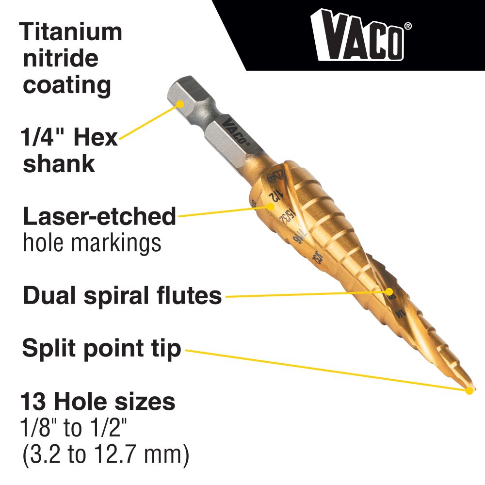Klein Tools 25964 Step Drill Bit, Spiral Double-Fluted, 1/8-Inch to 1/2-Inch, VACO - Edmondson Supply