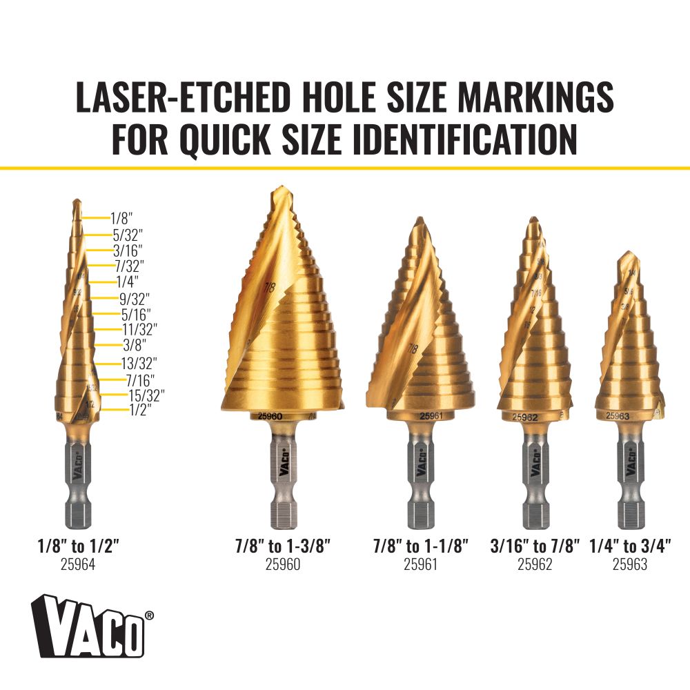 Klein Tools 25964 Step Drill Bit, Spiral Double-Fluted, 1/8-Inch to 1/2-Inch, VACO - Edmondson Supply
