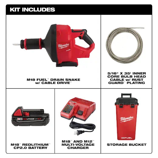 Milwaukee 2772A-21 M18 FUEL™ Drain Snake w/ CABLE DRIVE™ with 5/16” Cable