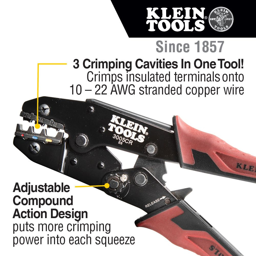 Klein Tools 3005CR Ratcheting Crimper, 10-22 AWG - Insulated Terminals - Edmondson Supply