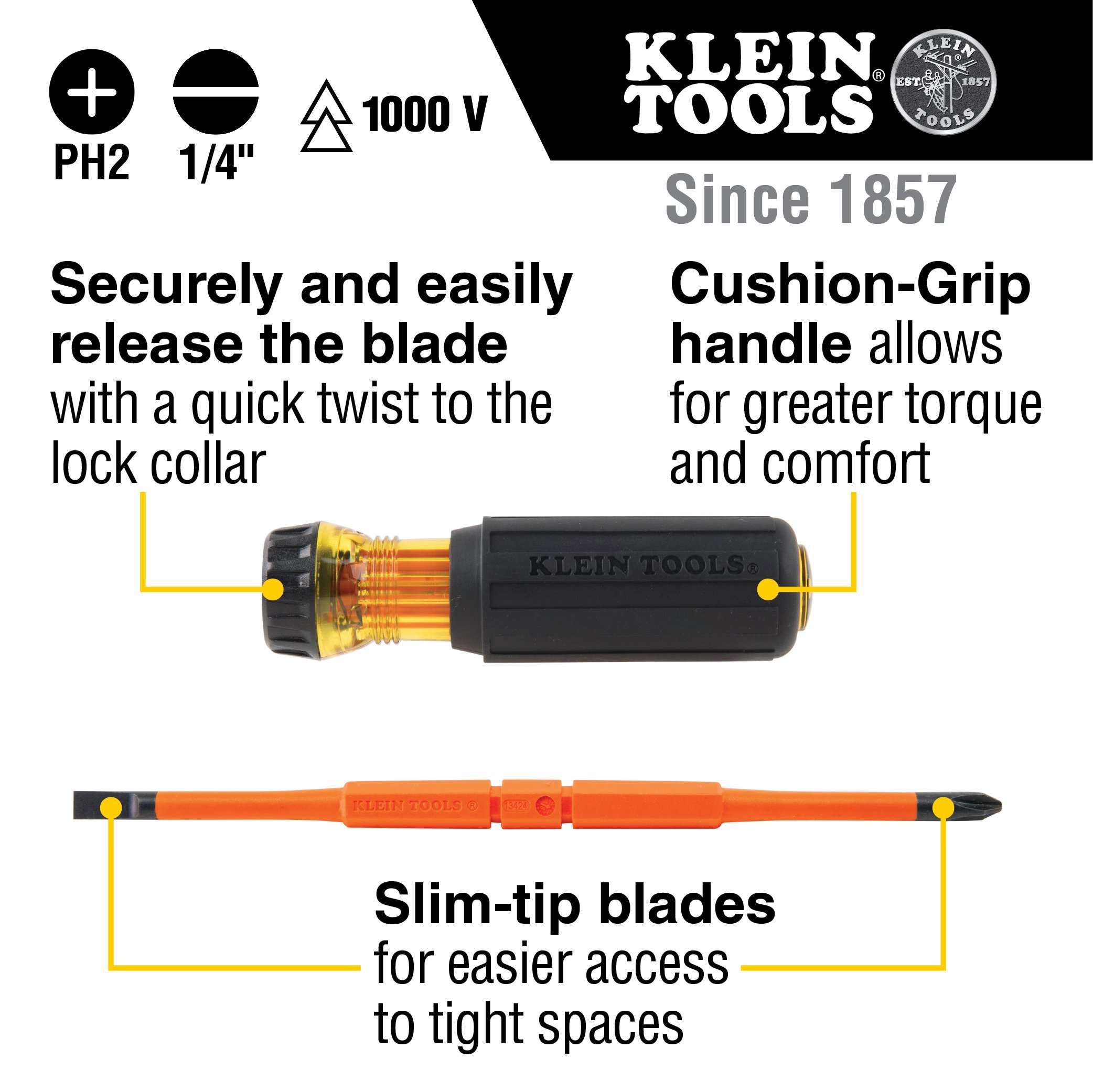 Klein Tools 32293 2-in-1 Insulated Flip-Blade Screwdriver, #2 Ph, 1/4-Inch Sl - Edmondson Supply