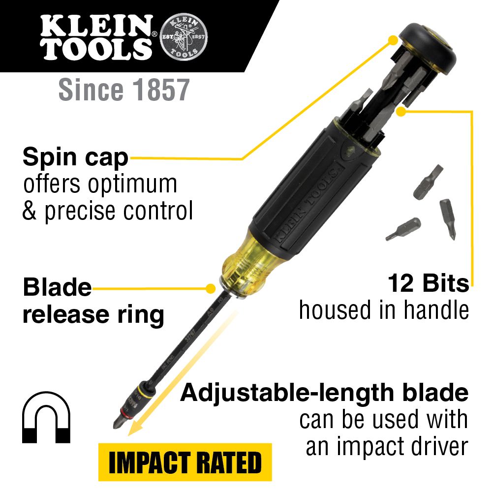 Klein Tools 32304 14-in-1 HVAC Adjustable-Length Impact Screwdriver with Flip Socket - Edmondson Supply