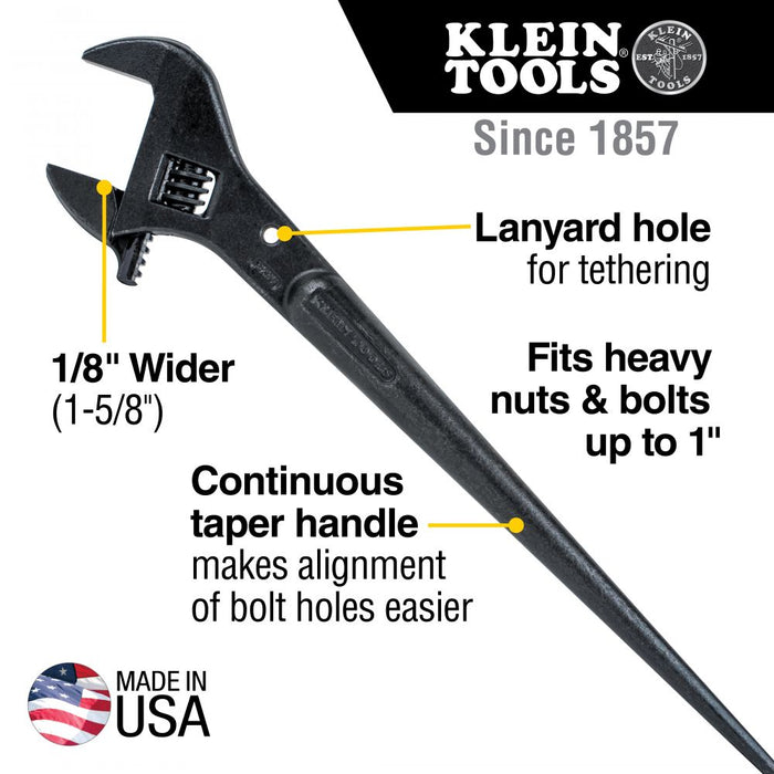 Klein Tools 3239 Adjustable Spud Wrench, 16-Inch, 1-5/8-Inch, Tether Hole