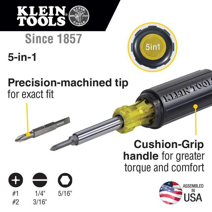 Klein Tools 32476 Multi-Bit Screwdriver / Nut Driver, 5-in-1, Phillips, Slotted Bits