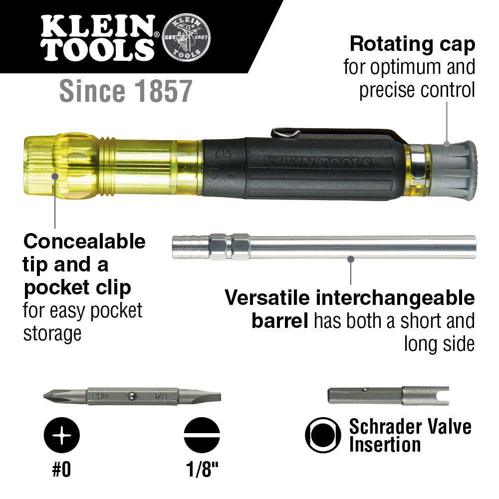 Klein Tools 32613 HVAC Pocket Screwdriver, 3-in-1, Phillips, Slotted, Schrader Bits - Edmondson Supply