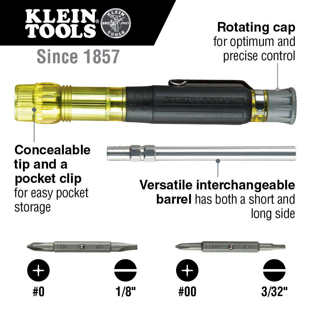 Klein Tools 32614 Multi-Bit Electronics Pocket Screwdriver, 4-in-1, Ph, Sl Bits - Edmondson Supply