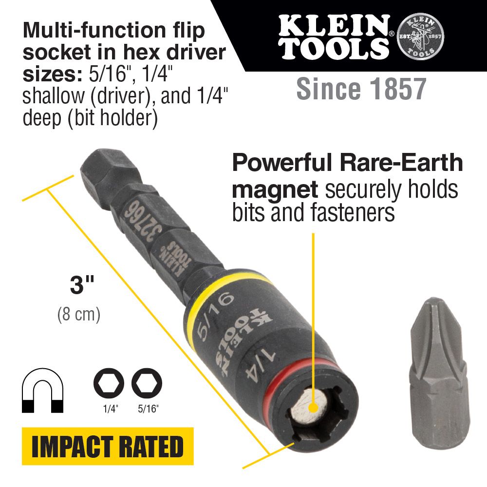 Klein Tools 32768 3-in-1 Impact Flip Socket Set, 1/4-Inch, 5/16-Inch, 2-Piece - Edmondson Supply