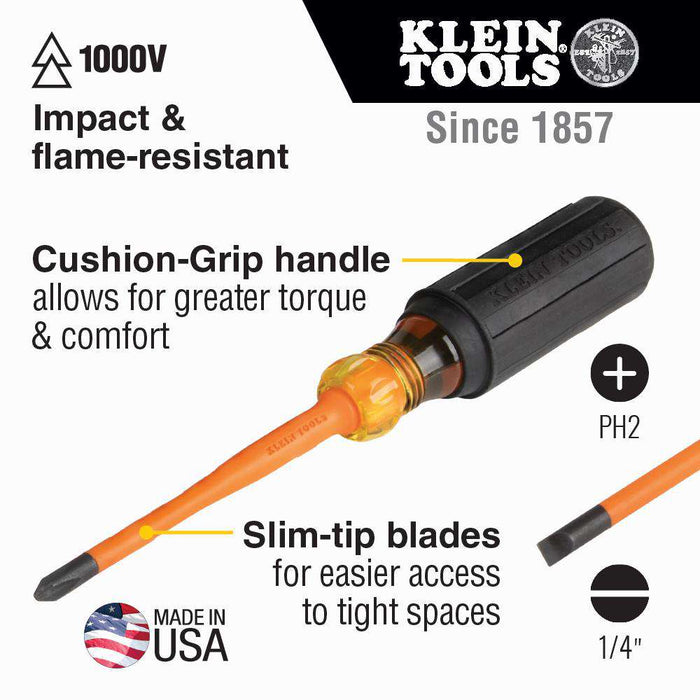 Klein Tools 33732INS Slim-Tip Insulated Screwdriver Set, Phillips and Cabinet Tips, 2-Piece - Edmondson Supply