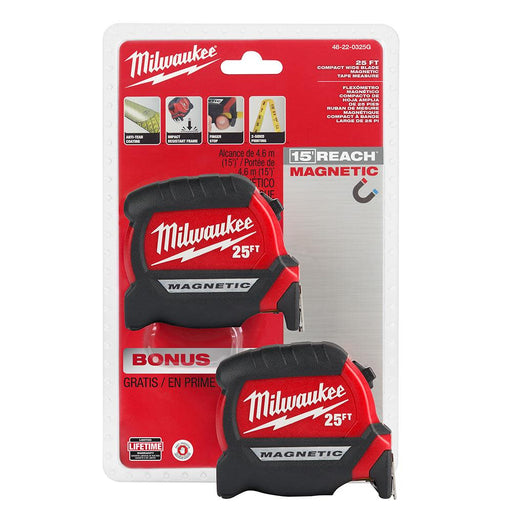 Milwaukee 48-22-0325G 25 ft Compact Wide Blade Magnetic Tape Measure (2 pack) - Edmondson Supply
