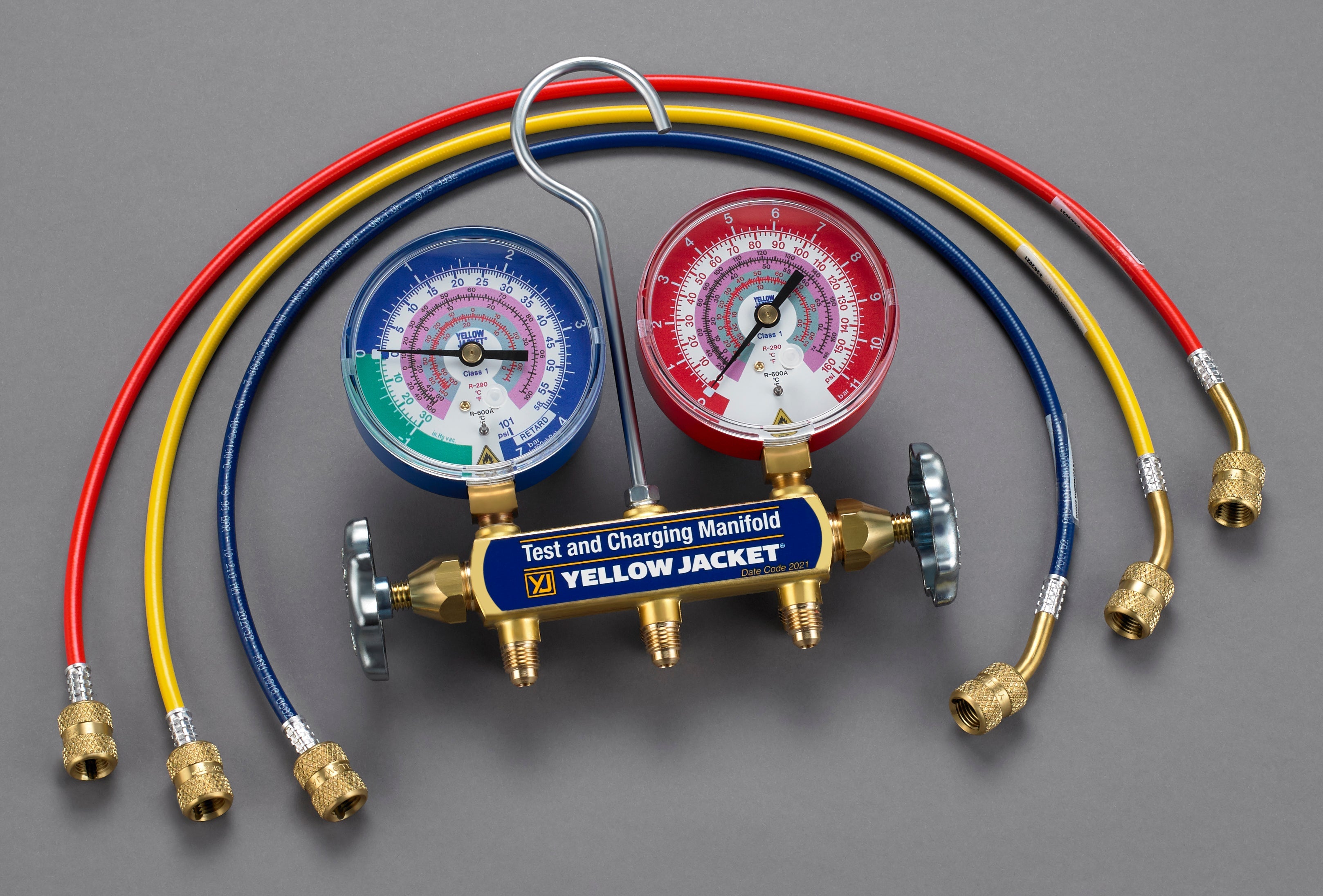 Yellow Jacket 41868 Series 41 Manifold with 24″ RYB REFFLEX® hose, standard fittings, bar/psi, R290/600A, °F and °C - Edmondson Supply