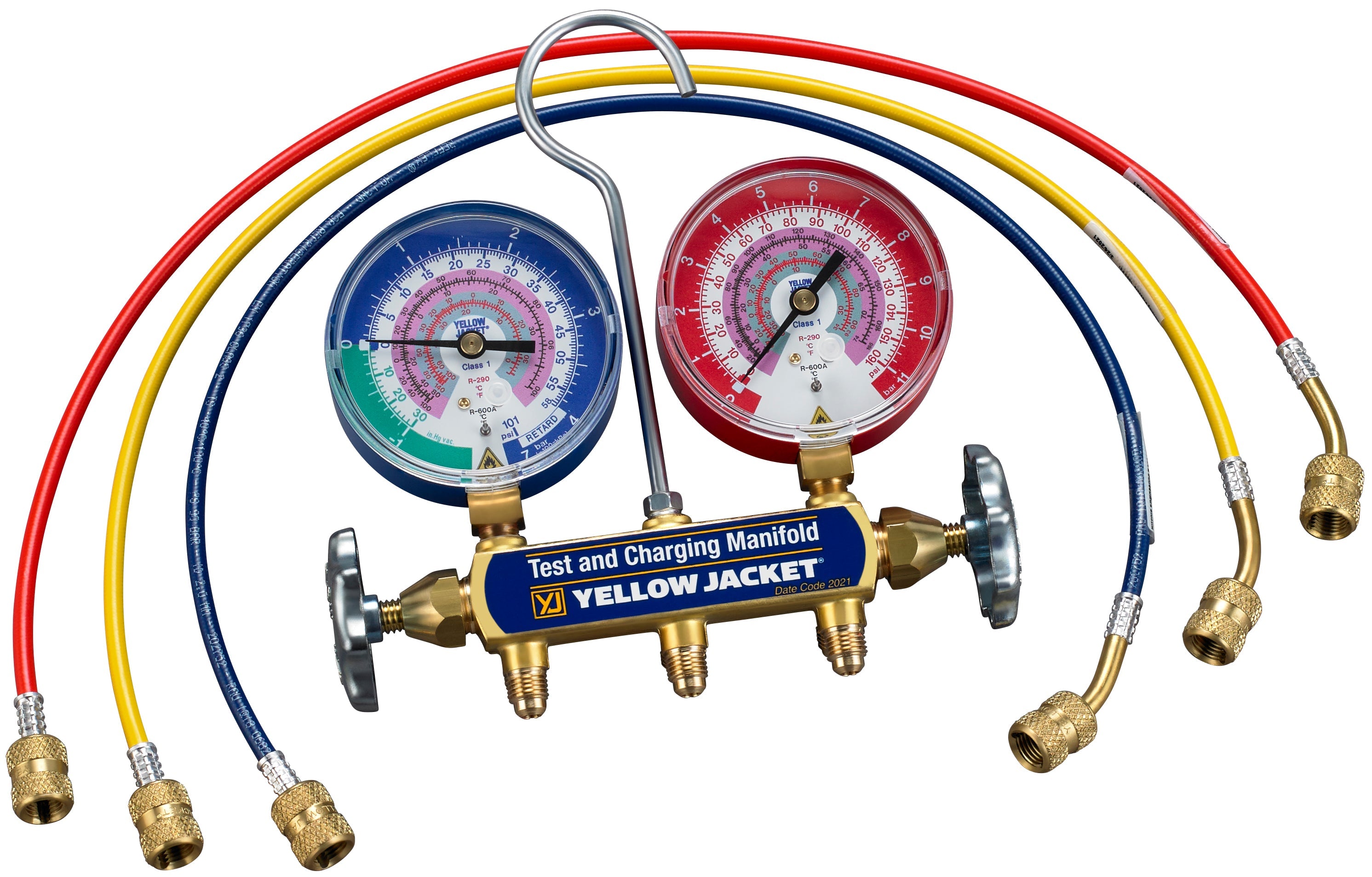 Yellow Jacket 41868 Series 41 Manifold with 24″ RYB REFFLEX® hose, standard fittings, bar/psi, R290/600A, °F and °C - Edmondson Supply