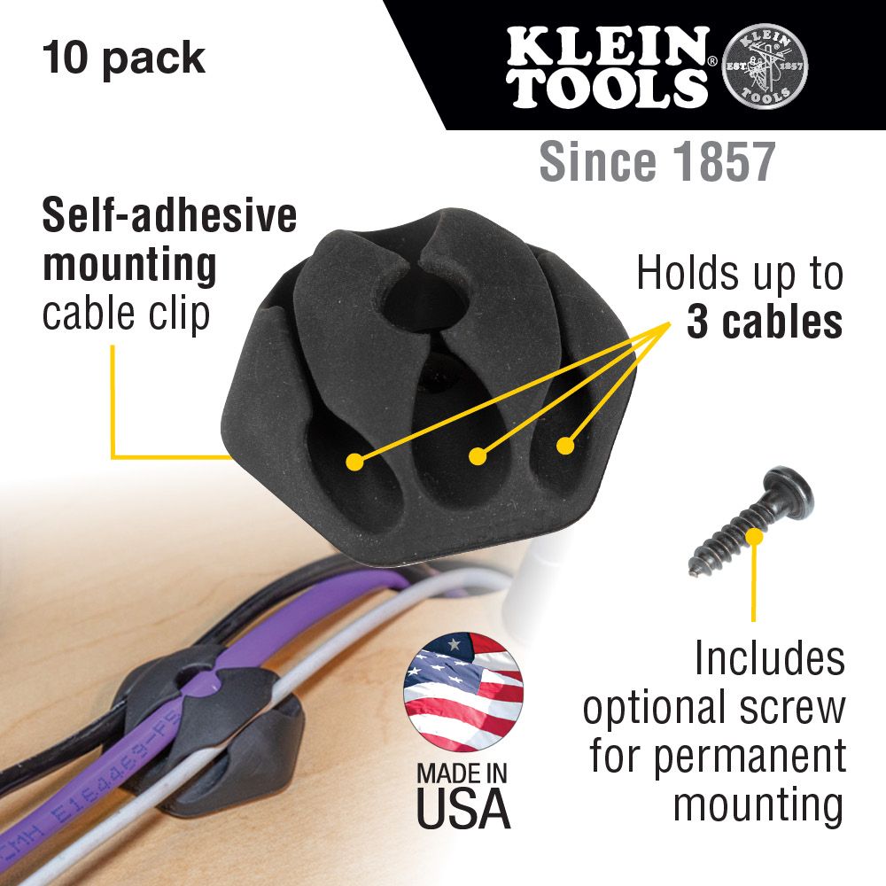 Klein Tools 450-410 Self-Adhesive Cable Mounting Clips, 3-Slot (10-Pack) - Edmondson Supply